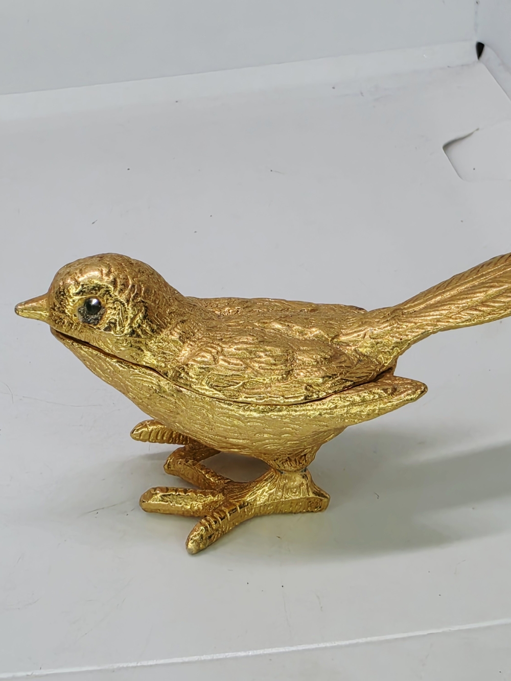 Vintage Florenza Signed Gold Tone Bejeweled Eyes Bird Chick Pill Trinket Box